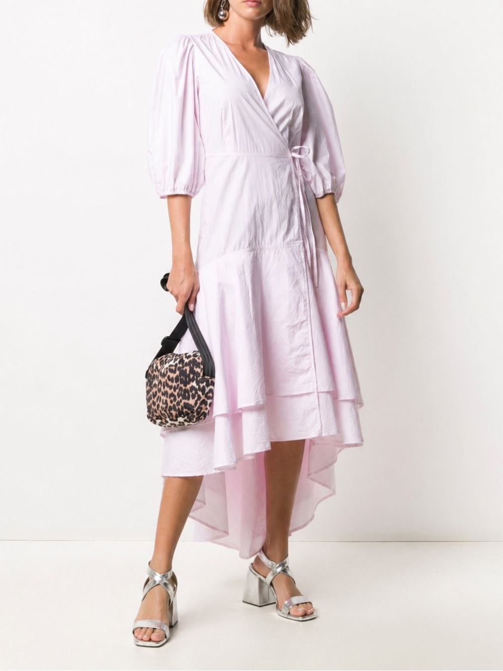 Gianni Light Pink Puff-Sleeve Wrap Midi Dress